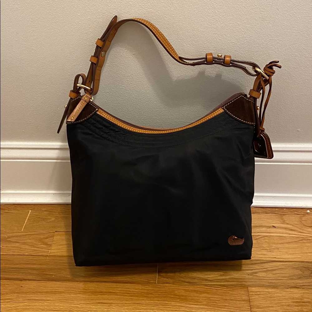 Dooney & Bourke Black Nylon Hobo Bag with Tan Leather Accents